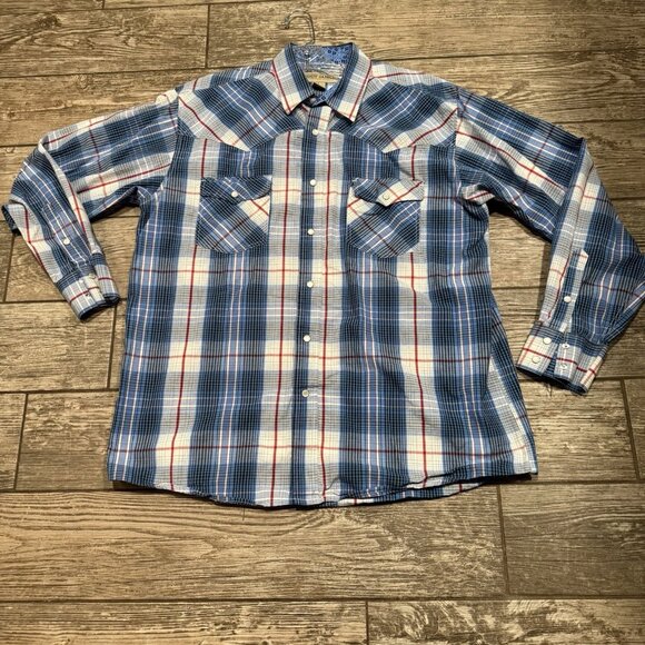 Cody James Western Shirt Mens Large Red White Blue Plaid Pearl Snap Cowboy Rodeo - Picture 2 of 9